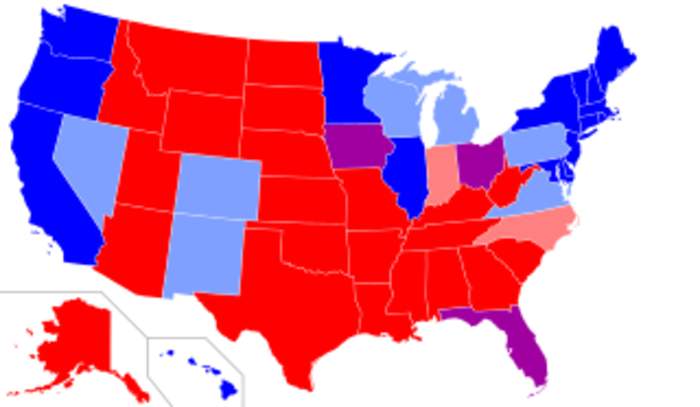 Red states and blue states: U.S. states that vote predominantly for Democrats (blue) or Republicans (red)