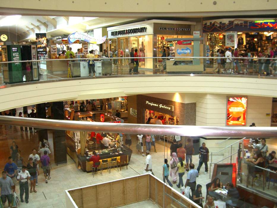 Shopping mall: Large indoor shopping center, usually anchored by department stores